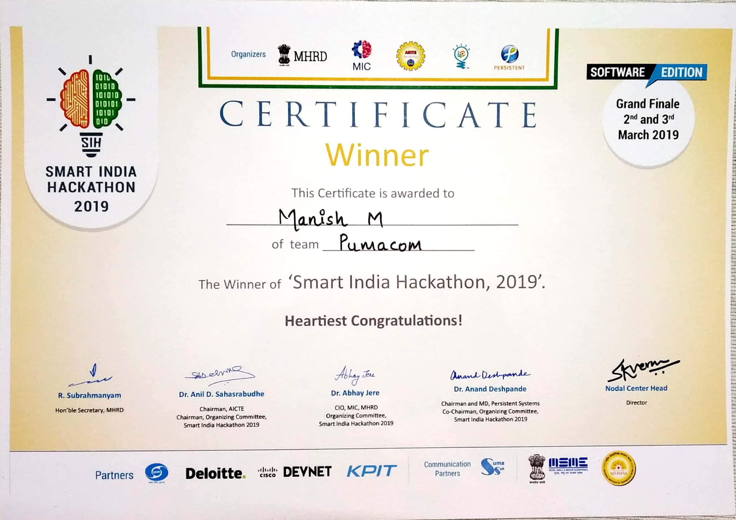 SIH 2019 winners certificate